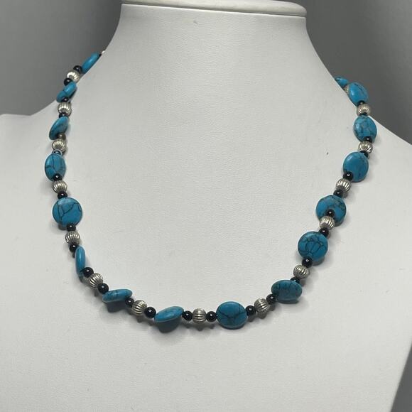 beaded necklace costume jewelry turquoise color dyed stone trendy boho bohemian - Picture 2 of 8
